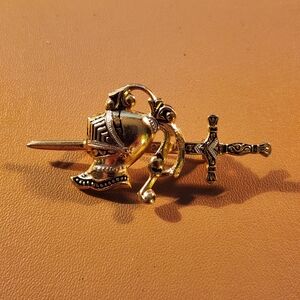 Gold Knight Helmet and Sword Brooch